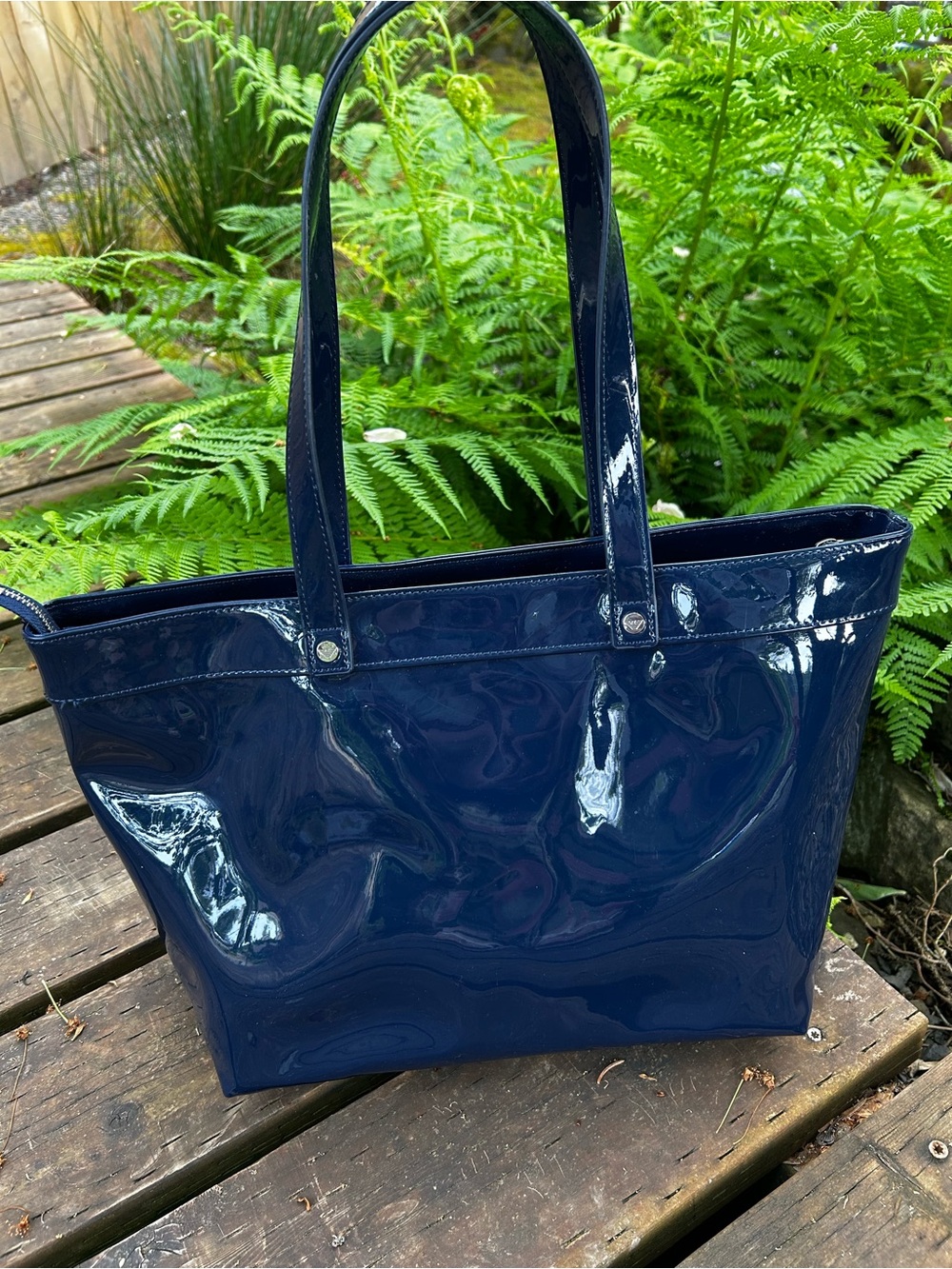 Armani Jeans Blue Patent Leather Logo Tote with Charm - Picture 6 of 11